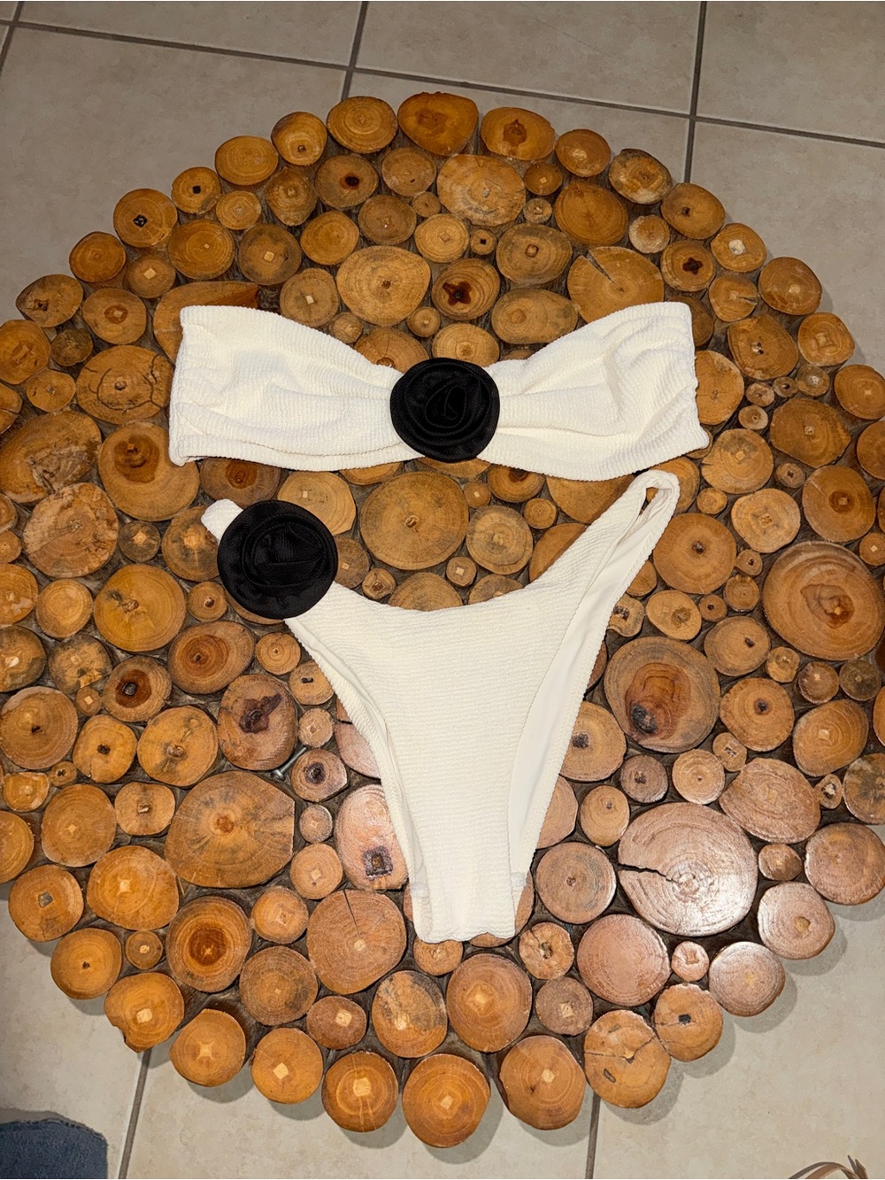 White Ribbed Bandeau Bikini Set with Black Rosette Accent